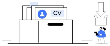 Özgeçmiş depolama dolapları, profil resim yer tutucular, büyük indirme oku, bireysel inceleme belgeleri. İşe alım, iş başvuruları, İK, dijital depolama, organizasyon için ideal