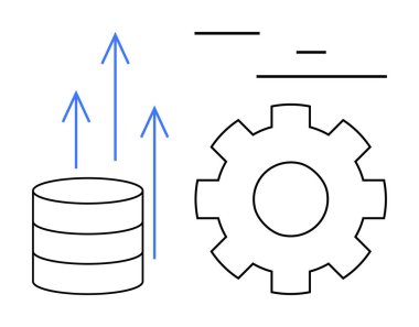 Veritabanı yığını yukarı doğru oklarla büyümeyi sembolize ediyor, optimizasyonu gösteren bir dişlinin yanında. Teknoloji, veri yönetimi, süreç iyileştirmesi, otomasyon, ilerleme, gelişme, basit