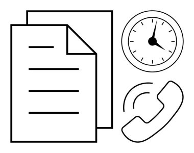Kağıtlar, saat ve telefon, organizasyonu, teslim tarihlerini ve iletişimi simgeliyor. Zaman yönetimi, iş akışı, üretkenlik, ofis görevleri için ideal uzaktan çalışma ve planlama