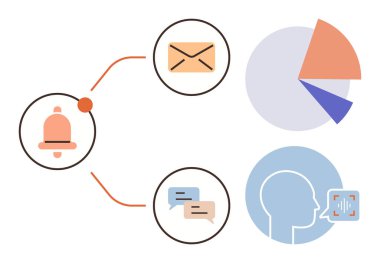 Çan, e-posta ve sohbet simgelerinin yanı sıra konuşma analizi grafikleri ve pasta grafiği. İletişim, mesaj, uyarı, konuşma tanıma, etkileşim izleme veri analizi için idealdir. Basit.