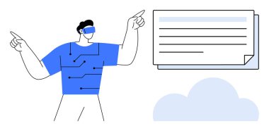 Artırılmış gerçeklik gözlüğü takan adam yüzen dijital arayüz ve devrelerle etkileşime giriyor. Teknoloji, yenilik, dijital dönüşüm, bulut hesaplama, VR, fütürizm için ideal