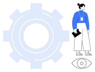 Pano tutan kadın büyük bir dişli ve göz simgesinin yanında duruyor, takım çalışmasını, hassasiyetini, yeniliğini, verimliliğini, stratejik vizyonunu, analizini ve düz metaforu destekliyor.