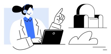 Kulaklıklı profesyonel bir kadın dizüstü bilgisayar kullanıyor, bir sandalye ve bulutun yanında yukarı bakıyor. Müşteri desteği, uzaktan çalışma, iletişim, takım çalışması, danışma, hedef belirleme, basit iniş için ideal