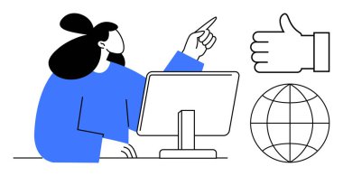 Masaüstünde çalışan, yukarıyı gösteren, küresel fikirleri temsil eden dünya ikonu, onay için el hareketi yapan bir kadın. Eğitim, takım çalışması, yaratıcılık, iş, iletişim liderliği için idealdir.