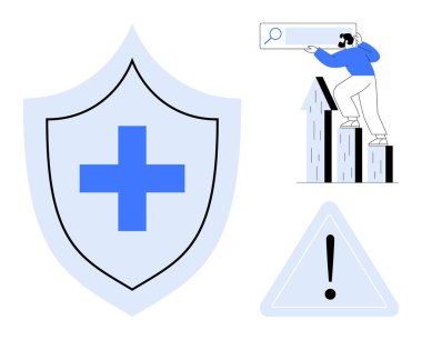 Kalkandaki mavi haç sağlık korumasını vurguluyor. Adamın bar tablosuna tırmanması başarı ya da büyüme öneriyor. Uyarı işareti. Sağlık, güvenlik, başarı, strateji, ilerleme ve risk için ideal