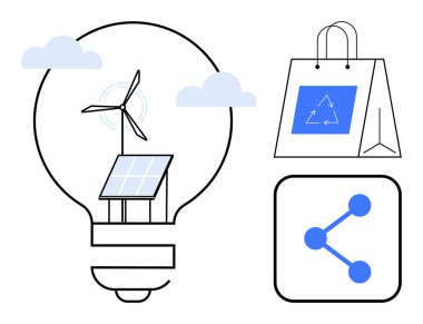 Ampuldeki güneş paneli ve rüzgar türbini yenilenebilir enerjiyi sembolize eder. Geri dönüşümlü çanta ve bağlantı ikonu çevreci dostluğu, işbirliği ve yeniliği ön plana çıkarıyor. Sürdürülebilirlik ve çevre için ideal