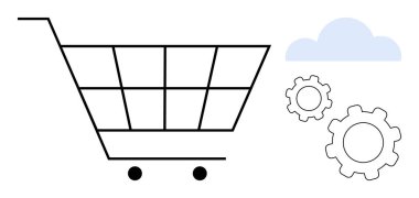 İki vitesli alışveriş arabası ve bir bulut e-ticaret, otomasyon ve bağlantı kavramlarına odaklanıyor. Çevrimiçi alışveriş için ideal, dijital platformlar, teknoloji, modernleşme, yenilik