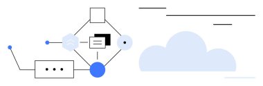 Veri akışını, bulut hesaplamasını ve işbirliğini temsil eden soyut şekiller, çizgiler ve bulut sembolleri birbiriyle bağlantılı. Teknoloji, yenilik, dijital dönüşüm ağ otomasyonu için ideal