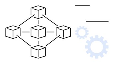 Birbirine bağlı küpler soyut viteslerle bir ağ yapısı oluşturarak işbirliğini, yeniliği ve teknolojik entegrasyonu sembolize ediyor. Engelleme zinciri, teknoloji, ademi merkeziyet ve araştırma için ideal