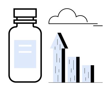 Bir bar çizelgesinin yanında etiketi olan ilaç şişesi yukarı doğru büyüyen bulutları gösteriyor. Sağlık, ilaç, yenilik, büyüme, ilaç, ilerleme, analitik iniş sayfası için ideal