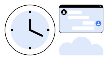 Analog saat, kullanıcı simgeleriyle sohbet penceresi ve bulut şekli zaman yönetimi, iletişim, bulut depolama, işbirliği, zamanlama, üretkenlik ve basit bir iniş sayfasını temsil eder