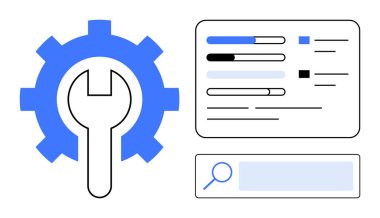 Bir gösterge paneli içinde anahtar sembolize araçlar ve ayarlar, veri çubukları ve bir arama çubuğu ile vites. Ayarlar, yapılandırma, analitik, optimizasyon, teknoloji, basit iniş onarımı için ideal