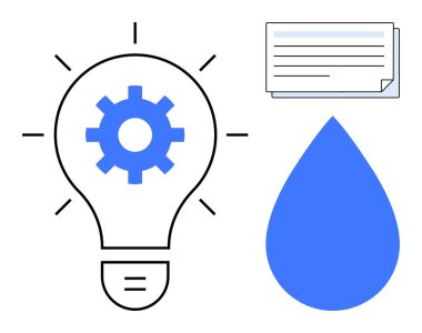 Yeniliği sembolize eden dişli ampul, çevresel odaklanma için mavi su damlası ve iletişim için belge kağıdı. Yaratıcılık, sürdürülebilirlik, teknoloji, süreç ve enerji için ideal