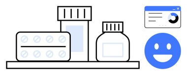 İlaç şişeleri, hap şişesi, ilerleme çizelgesi ve sağlık gelişimini sembolize eden mutlu yüz. Eczane, sağlık, ilaç yönetimi, refah, tıbbi uygulamalar için idealdir.
