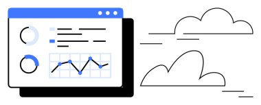 Çizgi çizelgesi, pasta grafiği ve metrik arayüzü olan analitik gösterge paneli. Veri görselleştirme, bulut hesaplama, iş analizi, performans izleme, SaaS, dijital iş akışı ve basit düz çalışma için ideal