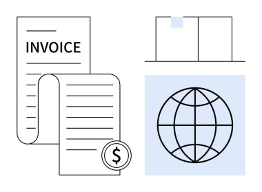 Dolar parası, nakliye kutusu ve küreye ait fatura kağıdı ticaret, finans, lojistik ve küresel bağlantıyı vurguluyor. Uluslararası iş, muhasebe, e-ticaret nakliye ödemeleri için ideal