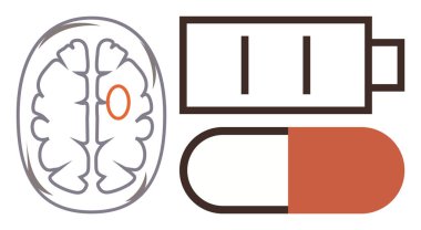 Vurgulanmış bölgesi olan beyin, düşük pil sembolü ve zihinsel sağlığı, enerjiyi ve odaklanmayı temsil eden hap. Sağlık, sinir bilimi, enerji, ilaç tedavisi zihinsel berraklık yorgunluğu için idealdir.