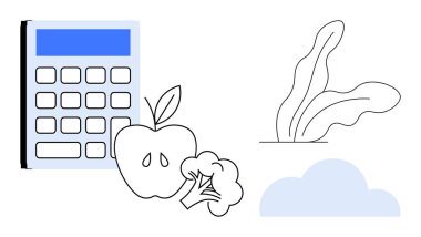 Temalar için hesap makinesi, elma, brokoli, ıspanak yaprağı ve soyut bulut sağlık, beslenme, ekolojik yaşam, denge, yemek planlama, sürdürülebilir yaşam tarzı basit düz metafor