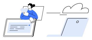 Kadın ekranın yanında kalp sembolüne sarılıyor, dijital bağlantıyı, bulut teknolojisini ve çevrimiçi duygusal desteği temsil ediyor. Teknoloji, çevrimiçi hizmetler, bakım, akıl sağlığı, uzak çalışma bulutu için ideal