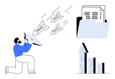 Gelen DDoS saldırılarını engellemek için kalkan kullanan bir adam var. Büyüme grafiği koruma başarısını sembolize eder. Siber güvenlik, ağ güvenliği, risk yönetimi ve veri güvenliği için ideal