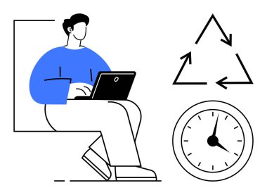 Geri dönüşüm üçgeni ve saatle çevrili dizüstü bilgisayarı olan kişi. Üretkenlik, sürdürülebilirlik, uzaktan çalışma, zaman yönetimi, eko-bilinç, iş akışı verimliliği, basit düz çalışma