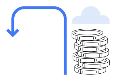 Mavi ok, üzerinde yumuşak bir bulut olan bozuk para yığınına doğru eğriliyor, tasarrufu, yatırımları, bulut hesaplamasını, finansal büyümeyi, zenginlik yönetimini, dijital dönüşümü, basit düz bir daireyi temsil ediyor.