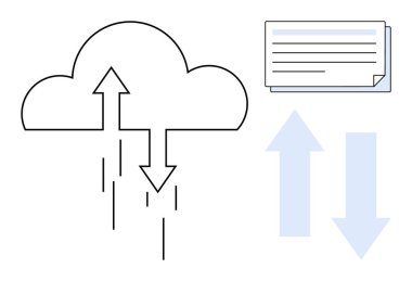 Yukarı ve aşağı okları olan bulut, veri akışını gösteriyor. Dosya belge simgesini içerir. Bulut depolama, dosya transferi, çevrimiçi işbirliği, teknoloji, veri yedekleme dijital güvenlik bilişim teknolojisi için ideal. Basit.