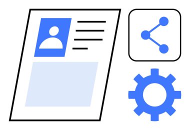 Bir kullanıcı simgesi, metin ayrıntıları, paylaşım sembolü ve ayarları içeren profil sayfası. Kullanıcı yönetimi, profiller, paylaşım, özelleştirme, uygulama arayüzü yapılandırması için ideal basit iniş sayfası
