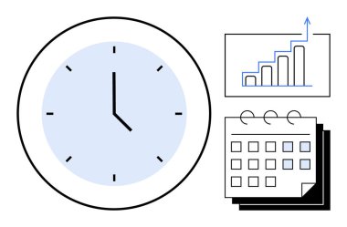 Saat, zamana odaklanmayı, takvim sinyallerinin zamanlamayı ve grafiğin de büyümeyi işaret ettiğini vurgular. Üretkenlik, proje planlaması, zaman izleme, hedef belirleme, iş stratejisi, son tarih planlaması için ideal basit
