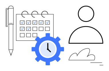 Kalem, kontrol listesi takvimi, saat teçhizatı ve zamanlamayı, planlamayı ve üretkenliği temsil eden kullanıcı simgesi. Zaman yönetimi, organizasyon, üretkenlik takım çalışması için ideal iş akışı optimizasyonu