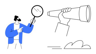 Teleskop tutan bir elin yanında büyüteçle çalışan biri. Keşif, analiz, görüş, keşif, araştırma, merak ve gözlem kavramları için idealdir. Basit düz metafor