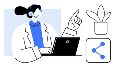 Bir dizüstü bilgisayarda çalışan, işaret eden, ikonları paylaşan, saksı bitkisi olan bir kulaklık takan bir ajan. Müşteri hizmetleri, uzaktan çalışma, teknik destek, iletişim, bağlantı, takım çalışması için ideal