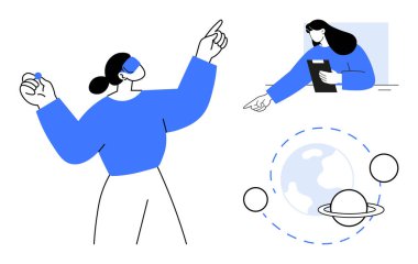 Vizyon sahibi fikirlerle hareket eden kişi, pano gösteren meslektaşı, gezegen çizimi. Takım çalışması, yaratıcılık, keşif, eğitim, liderlik, rehberlik ve basit bir iniş sayfası için ideal