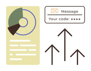 Metin satırlı turta tablosu, güvenli kod alarmı ve ilerleme için yukarı doğru üç ok. Ticari büyüme, güvenlik, analitik, iletişim, kalkınma planlaması ve başarı için ideal. Temiz daire