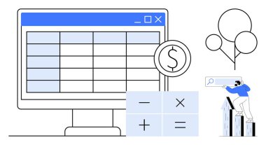 Bilgisayardaki hesap tablolarını, hesap makinesi arayüzünü ve veri eğilimlerini analiz eden kişiyi izle. Finans, analitik, planlama, analiz, yönetim büyüme stratejisi için idealdir. Basit düz