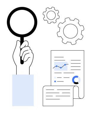 Viteslerin yanında büyüteç ve veri tablosu olan belgeler. Araştırma, analiz, problem çözme, eğitim, süreç optimizasyonu, karar verme, basit iniş sayfası için ideal