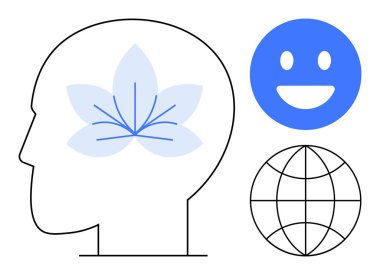 İçinde nilüfer çiçeği olan insan kafası, mavi mutlu yüz ve dünya ikonu. Psikoloji, farkındalık, meditasyon, zihinsel sağlık, duygular için ideal, küresel bağlantı basit iniş sayfası