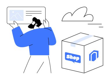 Ürün detaylarını elinde tutan kişi, dükkan etiketli ambalaj kutusu ve stilize bulut. E-ticaret, dağıtım, çevrimiçi alışveriş, lojistik, perakende, dijital pazarlama sade iniş sayfası için ideal