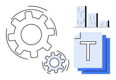 Belge yığınlarının yanında metin ve bar grafikleriyle dönen dişliler, iş akışını, otomasyonu, işlem optimizasyonunu sembolize ediyor. Üretkenlik, iş, analiz, veri, verimlilik için ideal takım çalışması basit