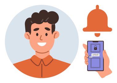 Yüzü profil çemberinde gülümseyen adam ekranın kilidini açıp telefonu tutuyor ve alarm zilini çalıyor. Teknoloji, güvenlik, bildirimler, erişim, iletişim, kimlik, basit bir daire için ideal