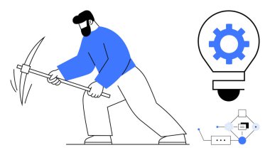 Kazmayla madencilik yapmak, çabayı ve yeniliği ön plana çıkarır. Vites dolu ampul yaratıcılığı ve teknolojiyi sembolize eder. Küçük akış şeması sistem tasarımını vurgular. Teknoloji ve yenilik için ideal