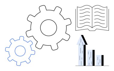 Sinerjide dişliler, bilgi paylaşımı için açık kitap ve ilerleme için yükselen bar tablosu. Takım çalışması, liderlik, büyüme stratejisi, eğitim, analitik, planlama ve basit iniş sayfası için ideal