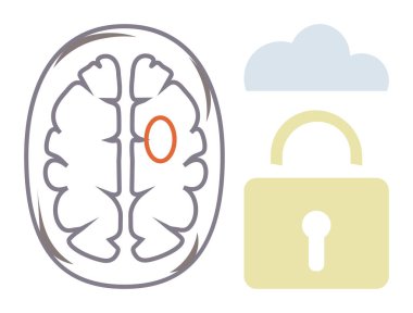 Vurgulanmış bölge, sarı kilit ve bulutlu beyin diyagramı. Zihin güvenliği, şifreleme, nörobilim, teknoloji, veri gizliliği, basit düz metafor koruma kavramları için idealdir.