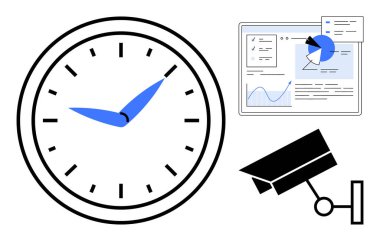 Analog saat, güvenlik kamerası ve grafikli veri paneli. Zaman, izleme, üretkenlik, güvenlik, analiz, teknoloji sade iniş sayfası için ideal