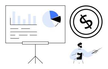 Mali analiz ve stratejiyi vurgulayan grafikler, tablolar ve dolar işaretleri üzerinde veri sunan adam. İş, finans, eğitim, pazarlama, büyüme, ekonomi için ideal sade metafor