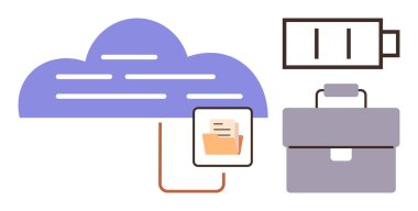 Dosya, çanta ve pil ile bağlantılı bulut şekli veri depolama, organizasyon, enerji ve verimliliği sembolize ediyor. Teknoloji, üretkenlik, bulut hesaplama işi için ideal