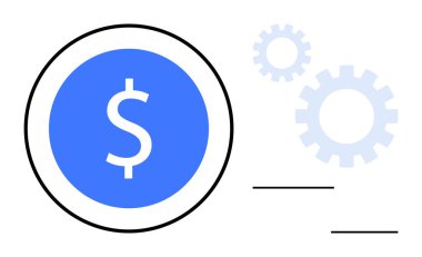 Dolar işaretli mavi para ile ekonomi, finans, strateji ve işbirliğini sembolize eden beyaz dişliler. İş, bankacılık, yatırım, otomasyon, verimlilik teknolojisi için idealdir.