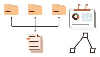 Bağlı klasörler, doküman yığını, turta grafikli bir takvim ve akış şeması konnektörleri. Veri organizasyonu, takım iş akışı, proje planlaması, dosya yönetimi, analitik zamanlaması için ideal