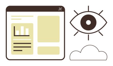 Grafikleri ve metni olan tarayıcı penceresi, analiz için stilize göz, veri depolama için bulut simgesi. Veri görselleştirme, izleme, analiz, bulut hesaplama, güvenlik, içgörü teknolojisi için ideal