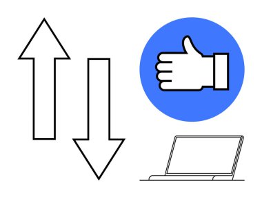 Yukarı doğru giden oklar, mavi dairede başparmak kaldırma simgesi ve dizüstü bilgisayar büyüme, değerlendirme, geri bildirim, karar verme, performans, kullanıcı deneyimi ve veri görselleştirmesi için birleştiriliyor. Basit bir şey için ideal.